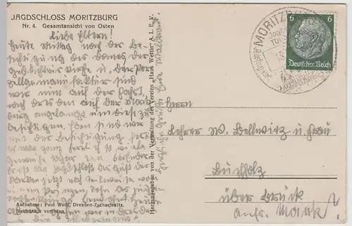 (67167) AK Jagdschloss Moritzburg, Sonderstempel 1937