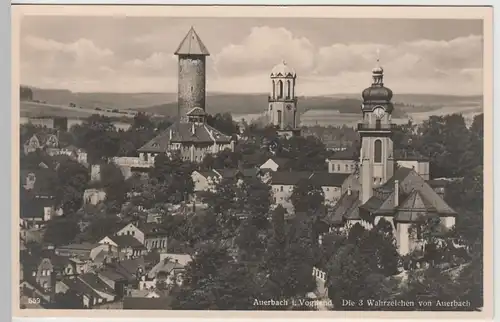 (63118) Foto AK Auerbach, Vogtland, Schlossturm und Kirchen, vor 1945