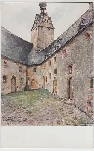 (52452) AK Gemälde, W. Hartwig, Schloss Rochsburg, Hof, Pulverturm
