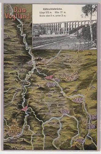 (46786) AK Vogtland, Übersichtskarte mit Göltzschtalbrücke, vor 1945