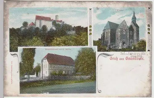 (34949) AK Gruß a. Gnandstein, Schloss, Kirche, Geschäftshaus um 1905