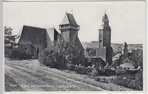 (34760) AK Geyer i. Erzgeb., Laurentius Kirche u. Rathausturm, vor 1945