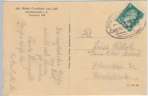 (33068) AK Wüstenbrand, Café Joh. Kubitz, Inneres, Bahnpost 1927