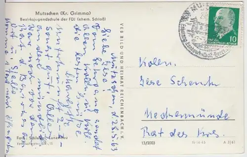 (17276) Foto AK Mutzschen (Grimma), Schloss, Sonderstempel 1961