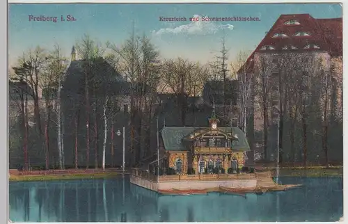 (115896) AK Freiberg i.Sa., Kreuzteich m. Schwanenschlösschen 1917