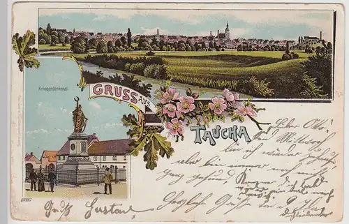 (115261) AK Gruss aus Taucha, Panorama u. Kriegerdenkmal, Litho v. 1905,gel.1908