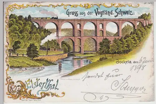 (114845) AK Gruss aus d. Vogtländischen Schweiz, Viadukt bei Jocketa, Litho 1898