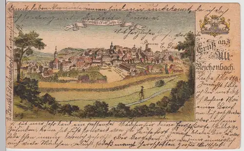 (112536) Künstler AK Gruß aus Alt Reichenbach Vogtl. anno 1753, gelaufen 1904