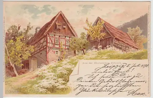 (112159) Künstler AK Adolf Nöther, Aus der Sächsischen Schweiz, Gehöft 1898