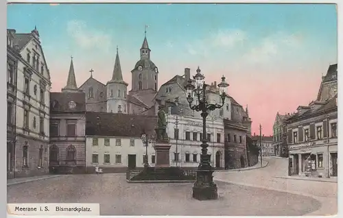 (111716) AK Meerane, Bismarckplatz, Denkmal, Kirche, vor 1945