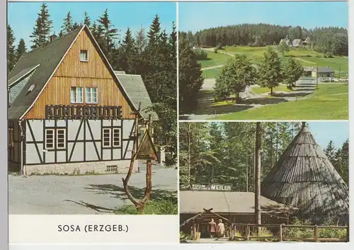 (111599) AK Sosa, Erzgebirge, Konsum Gaststätte Meiler, Köhlerhütte DDR 1977