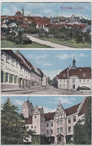 (111591) AK Strehla, Elbe, Gasthaus zum Schwan, Schloss, Rathaus 1912