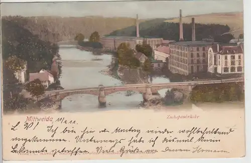 (111549) AK Mittweida, Zschopau Brücke, Fabrik, gelaufen 1911