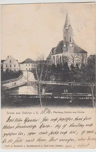 (111220) AK Gruss aus Dahlen i.Sa., Pfarrhaus, Schule u. Kirche 1908