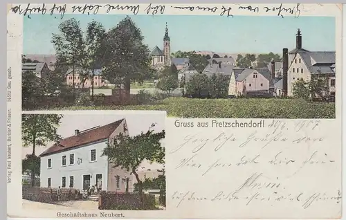 (110898) AK Gruss aus Pretzschendorf, Panorama, Geschäftshaus, 1907