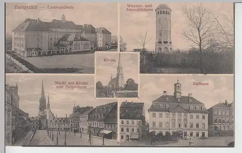 (110877) AK Burgstädt, Centralschule, Wasserturm, Rathaus u.a., 1910/20er