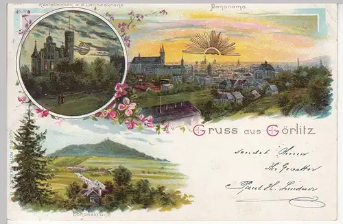 (109669) Künstler AK Gruß aus Görlitz, Restauration Landeskrone, Golddruck 1900