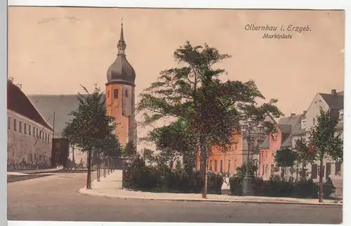 (109619) AK Olbernhau, Erzgebirge, Markt, Kirche, Bahnpost 1914