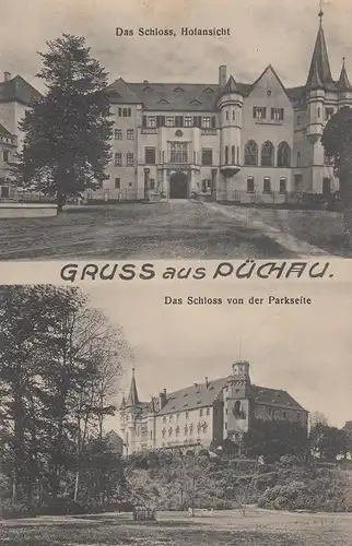 (108124) AK Gruss aus Püchau, Machern, Schloss Hofansicht u. Parkseite, 1915