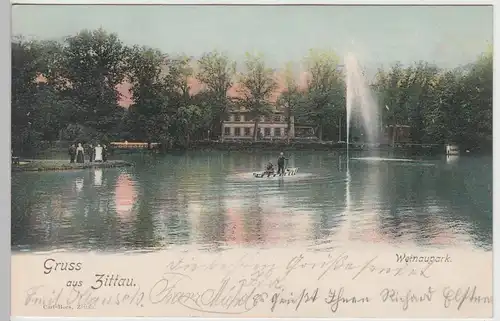 (106832) AK Gruß aus Zittau, Weinaupark, Restaurant, Teich 1900