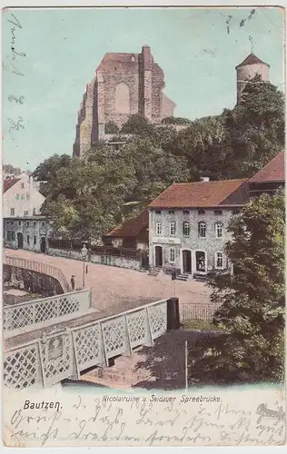 (105972) AK Bautzen, Ruine Nikolaikirche, Seidauer Spreebrücke 1902