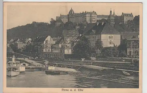 (103081) AK Pirna, Partie an der Elbe mit Schloss Sonnenstein, 1928