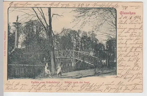 (101195) AK Glauchau, Sachsen, Gründelpark, Brücke zur Insel, Gedenksäule 1902