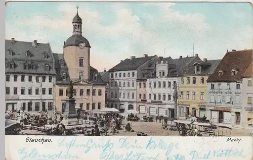 (101193) AK Glauchau, Sachsen, Markt, Rathaus, Kaiser Wilhelm Denkmal 1906