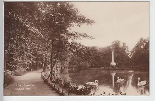 (101189) Foto AK Glauchau, Sachsen, Gründelteich, Gedenksäule 1934