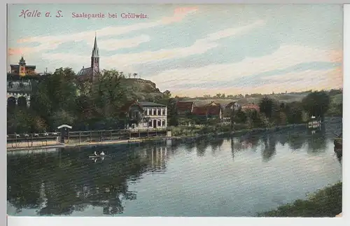 (93263) AK Halle, Saale, Saalepartie bei Kröllwitz, Petruskirche, vor 1945