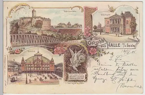 (87664) AK Gruß aus Halle, Saale, Stadttheater, Bahnhof 1901