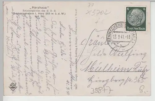 (76184) AK Benneckenstein, Harz, Erholungsheim Harzhaus 1941