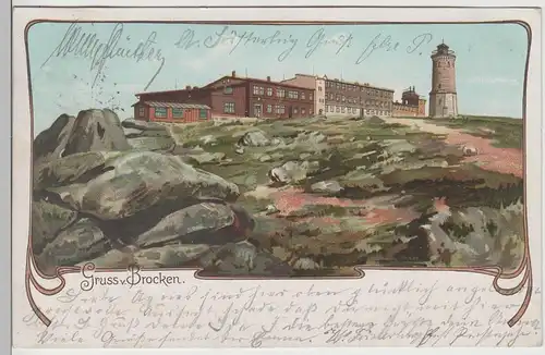 (70743) AK Gruss vom Brocken, Gipfelbebauung, Litho 1904