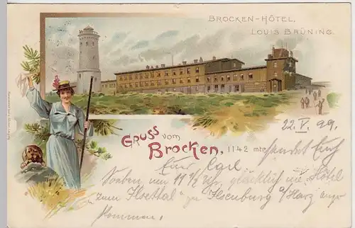 (31418) AK Gruss vom Brocken, Brocken-Hotel Louis Brünning, Litho 1899