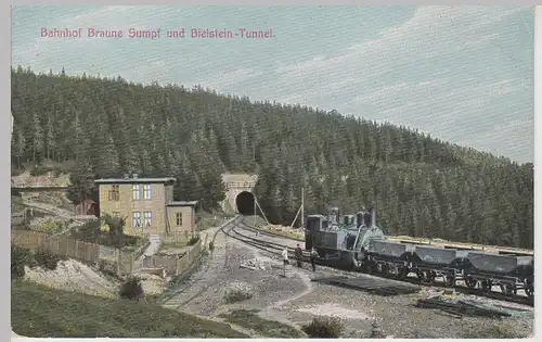 (113685) AK Bahnhof Braunesumpf, Bielstein Tunnel, Dampflok, Loren, vor 1945