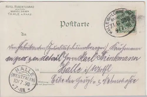 (113636) Künstler AK Gruß aus dem Bodetal, Hotel Hubertusbad, Bahnpost 1898