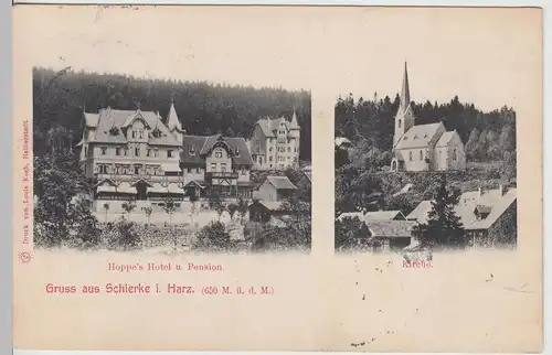 (113018) AK Gruss aus Schierke im Harz, Hoppe's Hotel u. Kirche 1909