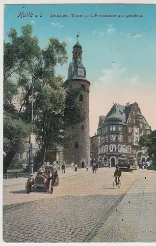 (111793) AK Halle, Saale, Leipziger Turm, Straßenbahn, Poststraße, vor 1945