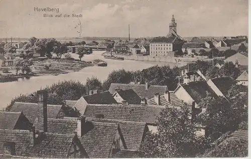 (107824) AK Havelberg, Ort, Lastkähne, Kirche St. Laurentius, Brücke 1919