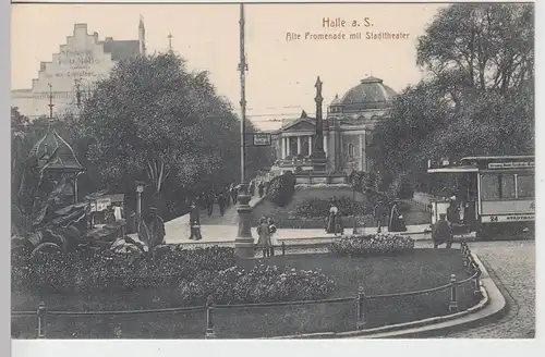 (104522) AK Halle a.S., alte Promenade m. Stadttheater u. Straßenbahn, 1910er