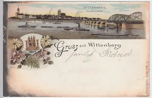 (104504) AK Gruss aus Wittenberg, Panorama von der Elbseite, Litho 1900
