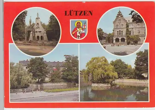 (102920) AK Lützen, Mehrbildkarte, Gustav Adolf Denkmal, Rathaus 1987