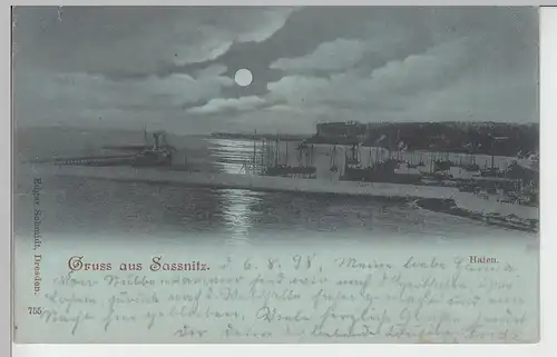 (99919) AK Gruß aus Saßnitz, Rügen, Mondscheinkarte, Hafen 1898