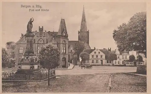 (107882) AK Bergen, Rügen, Post, St. Marienkirche, Denkmal, vor 1945