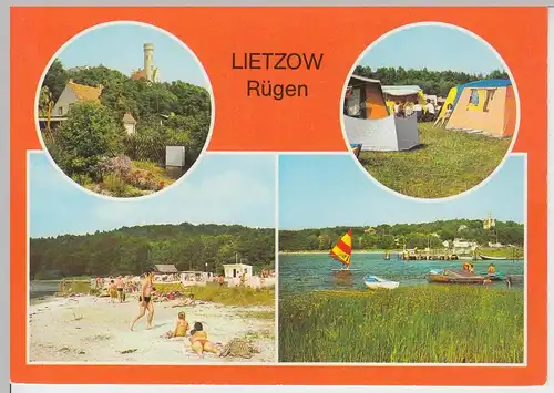 (102969) AK Lietzow, Rügen, Mehrbildkarte, Bodden, Anlegestelle, Zeltplatz 1983