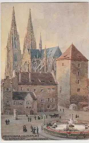 (77158) Künstler AK Regensburg, Moltkeplatz, Römerturm, Dom, vor 1945