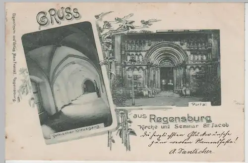 (76052) AK Gruß aus Regensburg, Kirche St. Jakob, Kreuzgang, um 1898