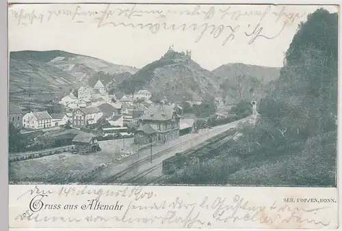 (98228) AK Gruss aus Altenahr, Ansicht mit Bahnhof und Burg, 1900