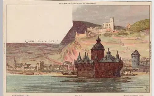 (94854) AK Kaub am Rhein mit Pfalz, Litho um 1900