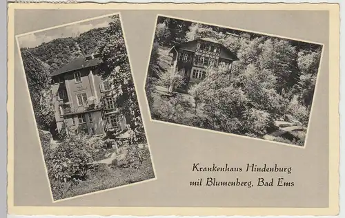 (89851) AK Bad Ems, Krankenhaus Hindenburg m. Blumenberg, 1953